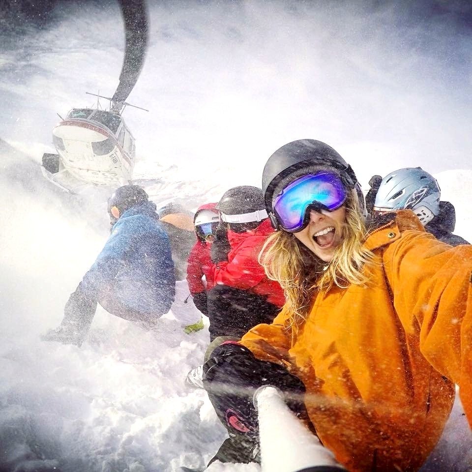 Heliskiing in action